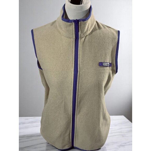 Columbia PFG Beige Fleece Vest Purple Trim Full Zip Sleeveless Jacket Size Large - Picture 7 of 9